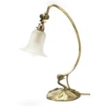 Art Nouveau brass lily pad table lamp with glass shade, impressed C Berlie & Co Lyon to the base,