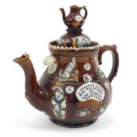 Large Measham treacle glazed Bargeware teapot inscribed A present from Mrs Whittaker to Mrs