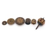 Victorian Tunbridge Ware objects with micro mosaic inlay including a spinning top, two bobbins and