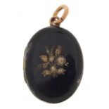 Antique unmarked gold black enamel and diamond mourning locket, the link marked 9ct gold, 3cm