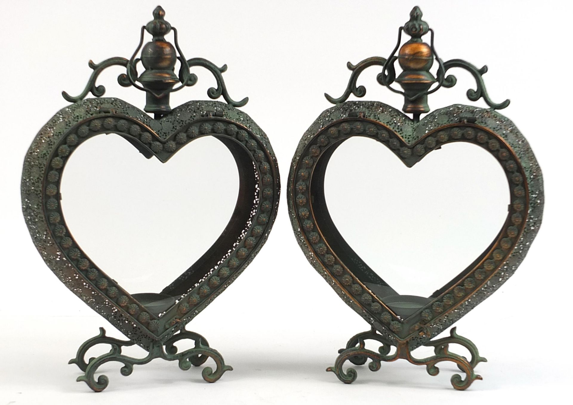Pair of ornate bronzed metal love heart candle holders with glass panels, 53cm high - Image 2 of 2