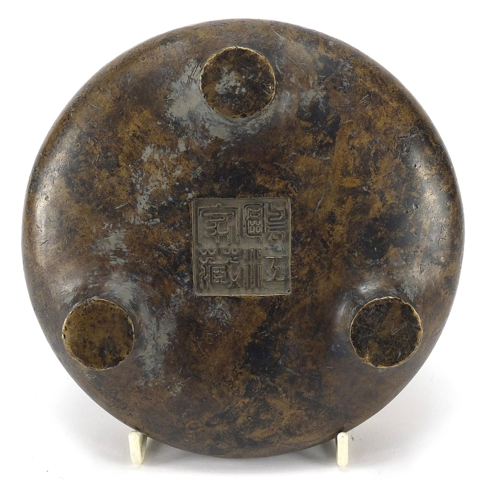 Chinese patinated bronze tripod censer, character marks to the base, 16cm in diameter - Image 3 of 4