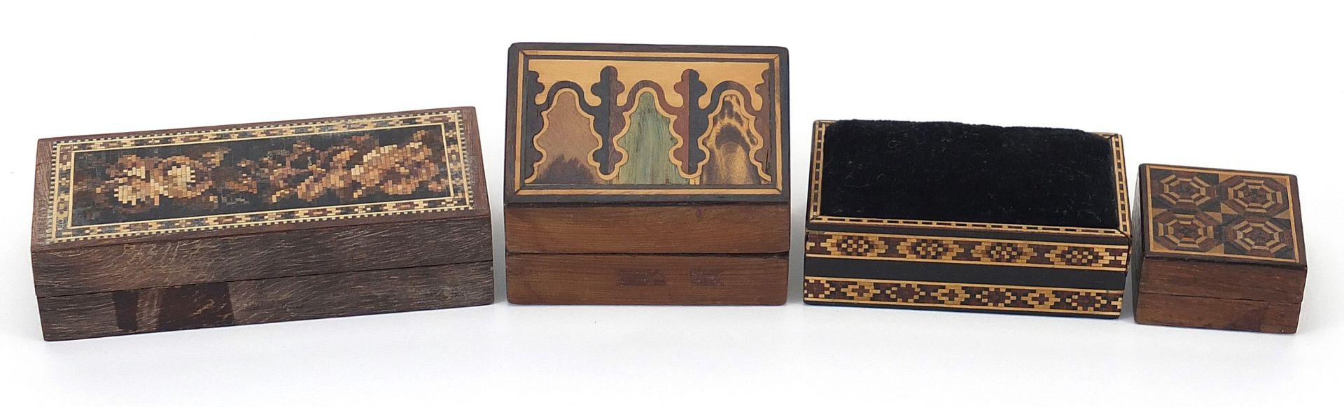 Victorian Tunbridge Ware with micro mosaic inlay comprising pin cushion and three boxes including