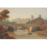 Attributed to David Cox - Warwick Castle with bridge, watercolour on card, unframed with backing