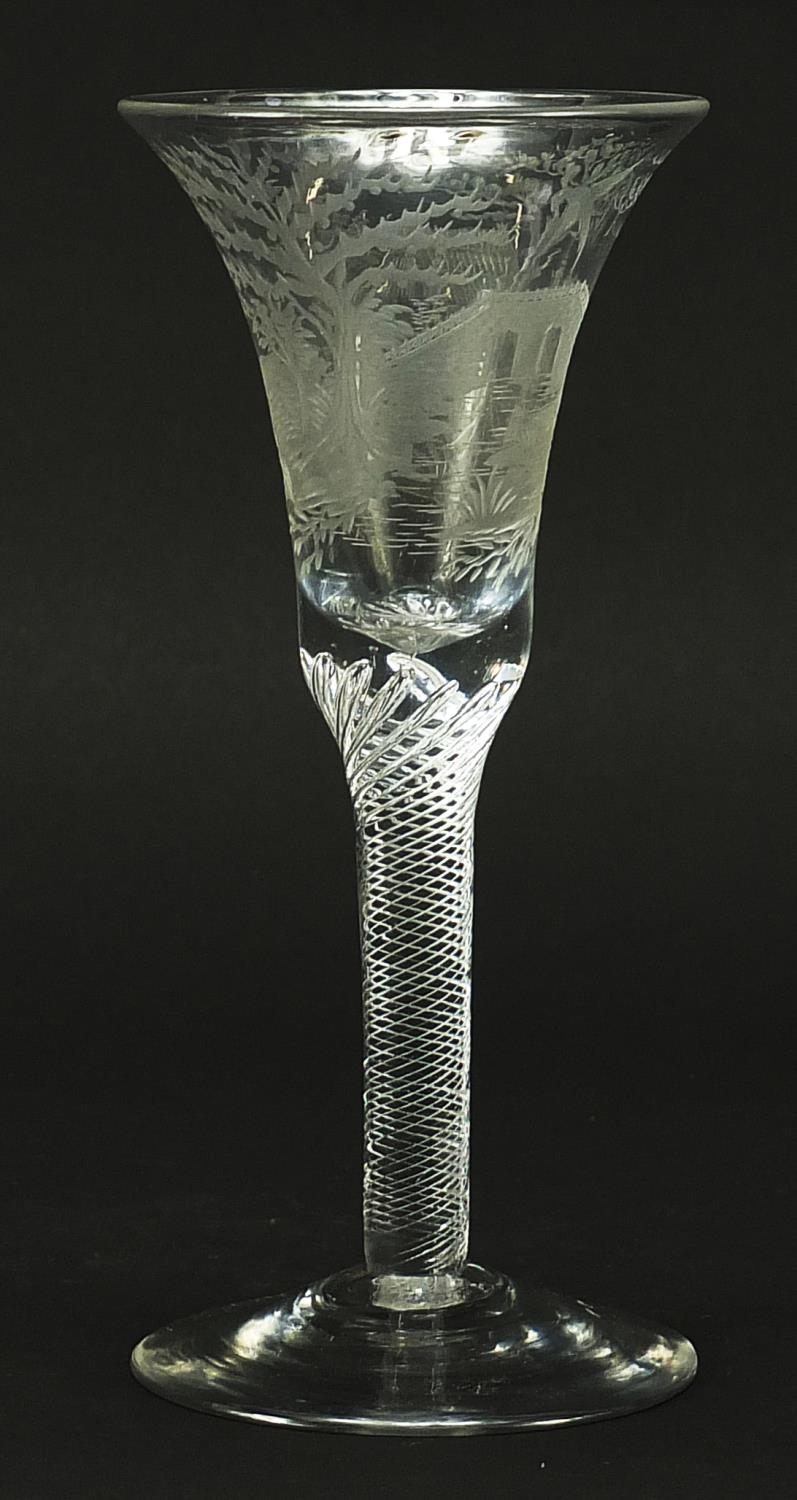 18th century wine glass with air twist stem and bell shaped bowl etched with figures beside a hut - Image 3 of 4