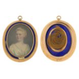 19th century oval hand painted portrait miniature of a female, housed in an unmarked gold mourning