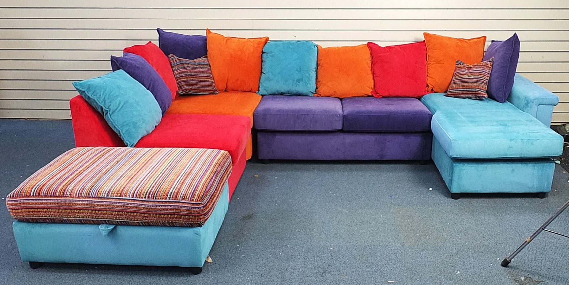 Contemporary DFS Skittle modular sofa with five sections, 88cm H x 330cm W x 240cm D as set up in