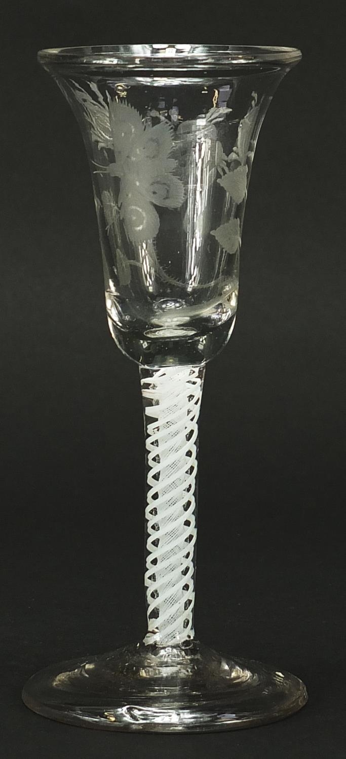 18th century wine glass with etched bell shaped bowl and multiple opaque twist stem, 16cm high - Image 2 of 3