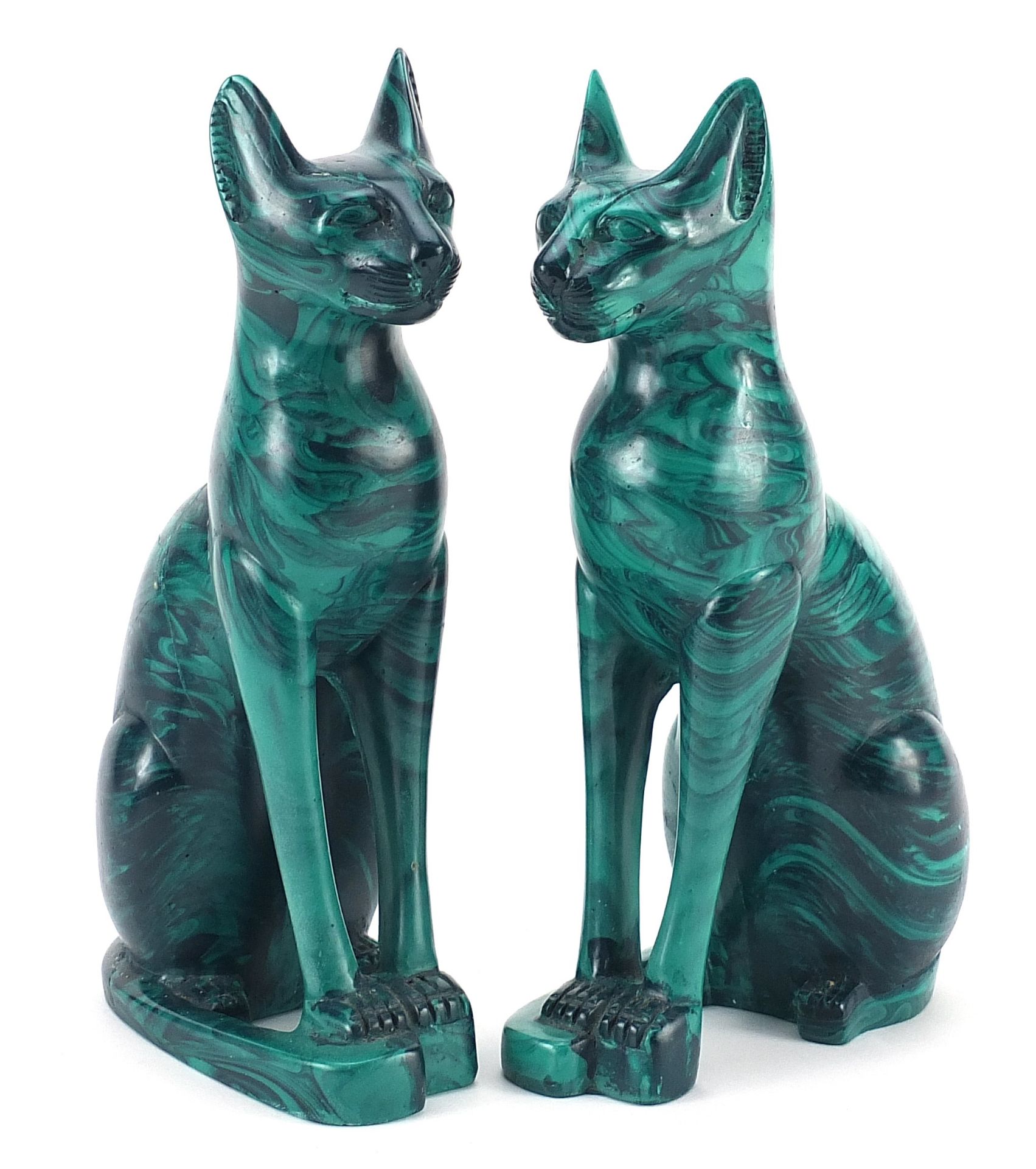 Pair of malachite style seated Egyptian cats, 26cm high