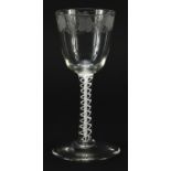 18th century wine glass with opaque twist stem and etched bowl, 15cm high