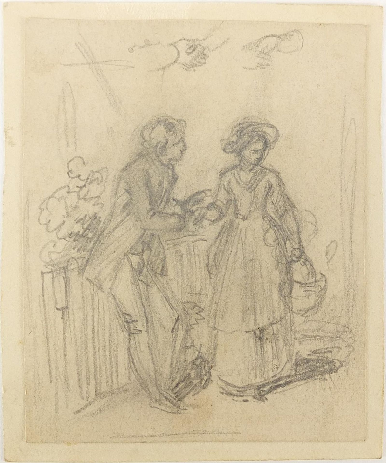 Manner of Joseph Wright of Derby - Study of a lady and gentleman, antique pencil drawing on paper, - Image 2 of 3