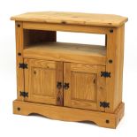 Mexican pine side cabinet with a pair of cupboard doors to the base, 79cm H x 85cm W x 42.5cm D
