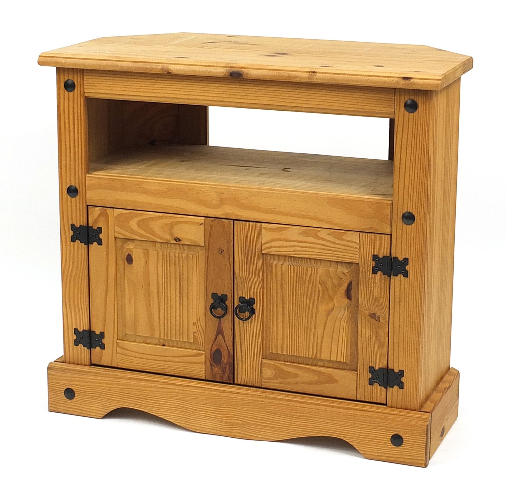 Mexican pine side cabinet with a pair of cupboard doors to the base, 79cm H x 85cm W x 42.5cm D