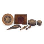 Victorian Tunbridge Ware objects with micro mosaic inlay comprising a pocket watch stand, dish,