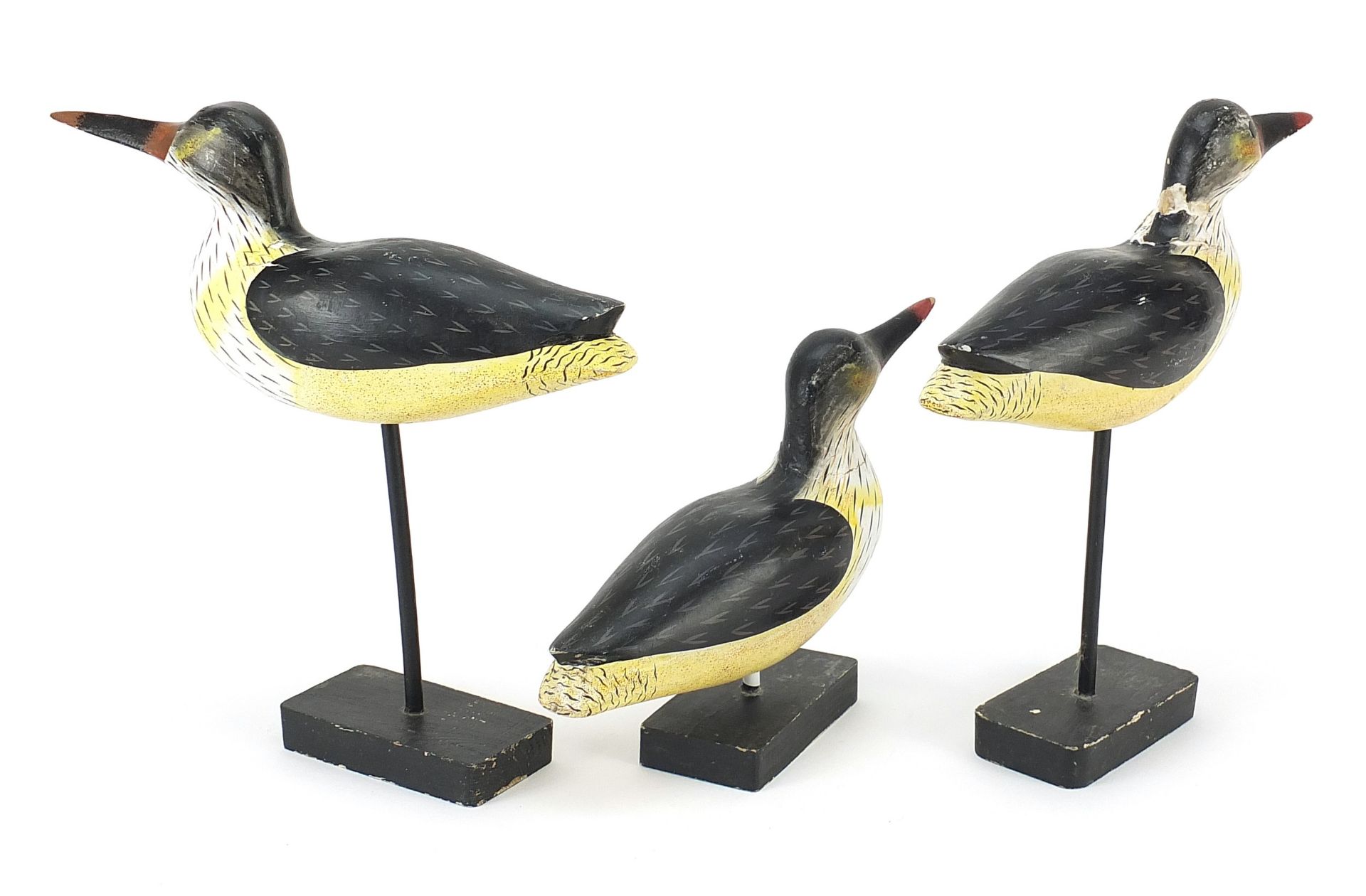 Manner of Guy Taplin, three hand painted carved wood birds on stands, the largest 25.5cm high - Image 2 of 3