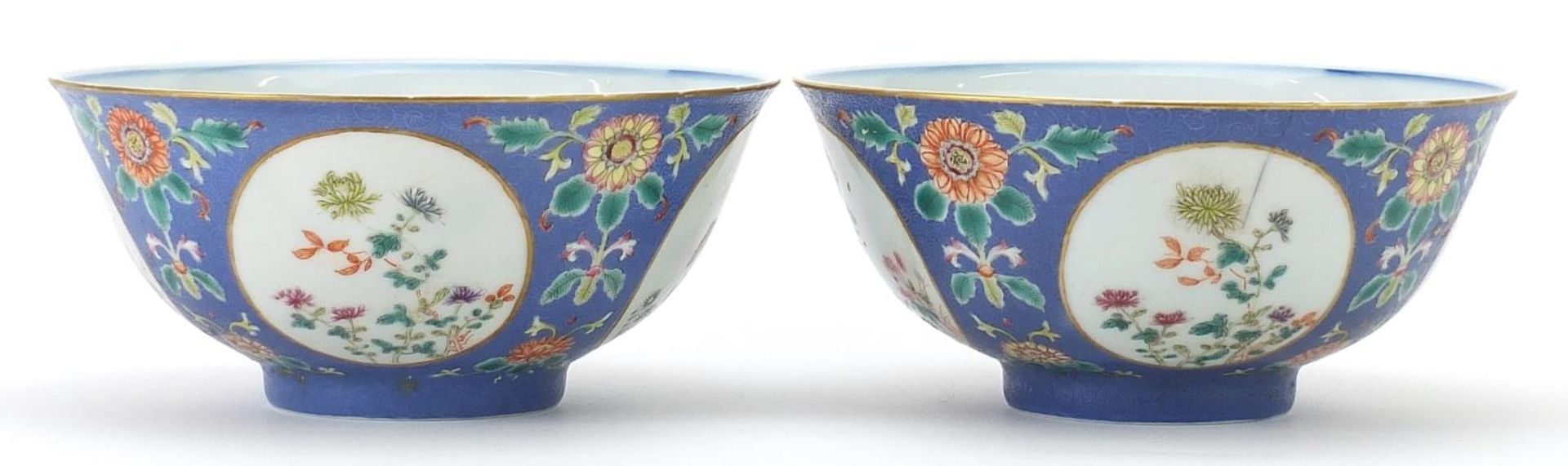Pair of Chinese blue and white porcelain mauve ground bowls finely hand painted in the famille - Image 2 of 4