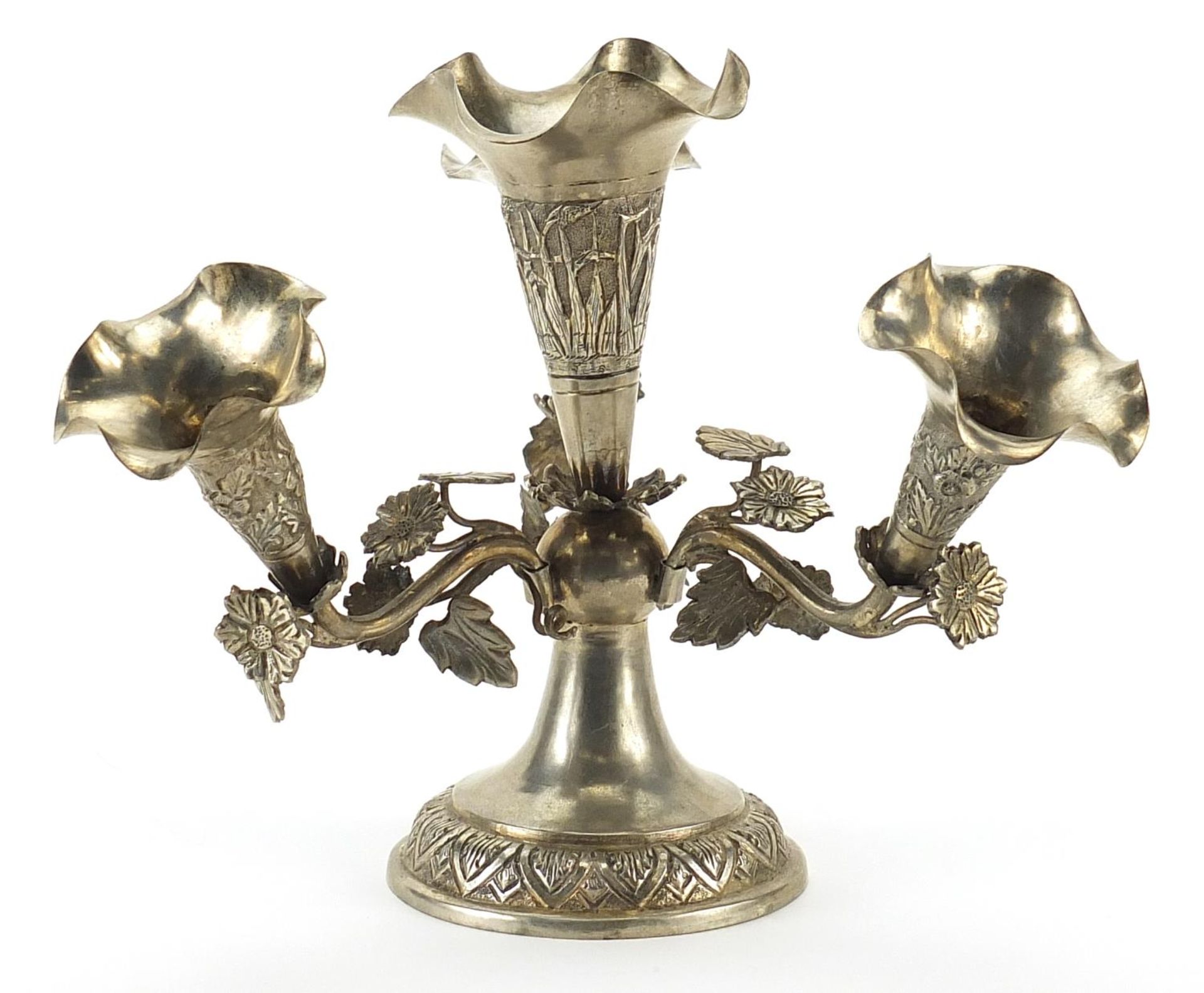 Anglo Indian silver coloured metal four branch epergne embossed with flowers, 298.8g