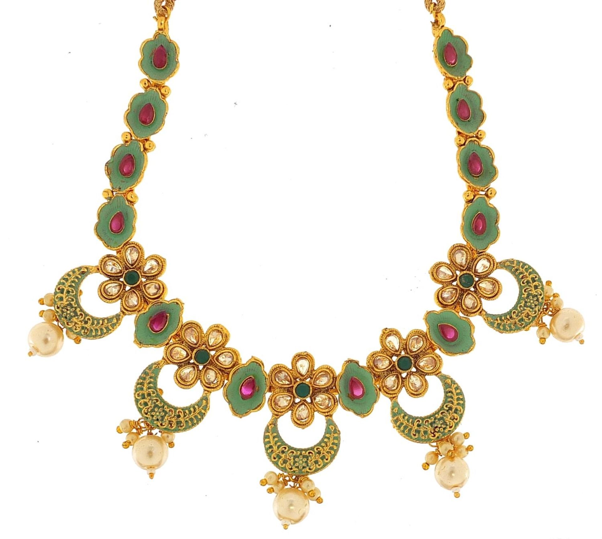 Islamic gilt metal, enamel and beadwork necklace with matching earrings, the necklace 80cm in length - Image 2 of 7