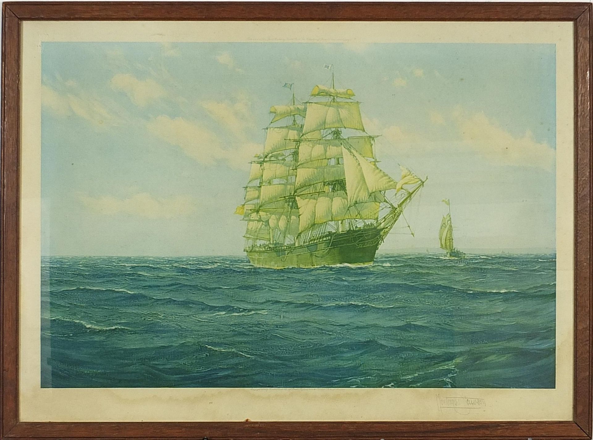 Montaque J Dawson - Tallship and boat on water, vintage pencil signed print in colour with Fine - Image 2 of 4