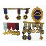 Group of masonic jewels, some on bars relating to Bro H Lovegrove including a large oval 9ct gold