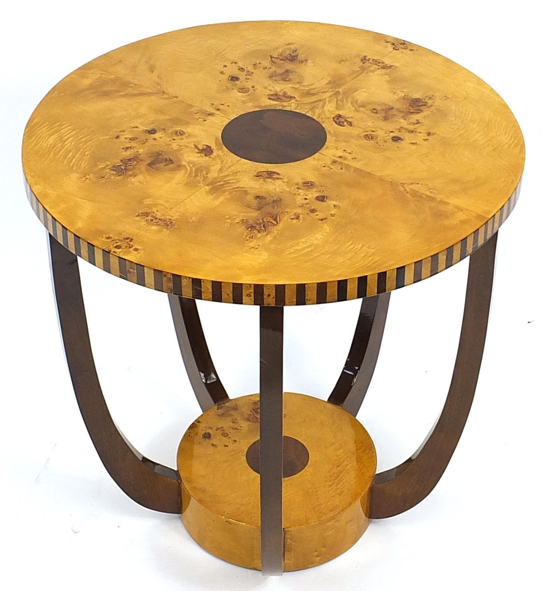 Art Deco style bird's eye maple and walnut effect occasional table with under tier, 60cm high x 59. - Bild 2 aus 3
