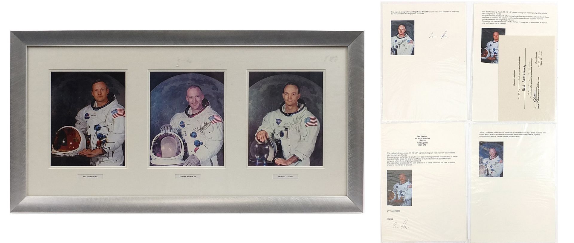 Neil Armstrong, Edwin Aldrin Junior and Michael Collins, Apollo 11 ink signatures on photographs, - Image 2 of 7