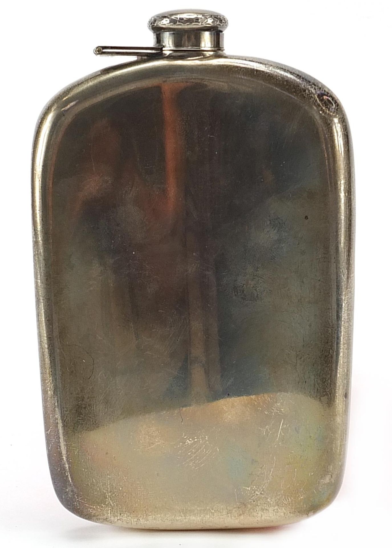 Art Deco Napier sterling silver hip flask with engine turned decoration, 16cm high, 173.5g - Image 2 of 4