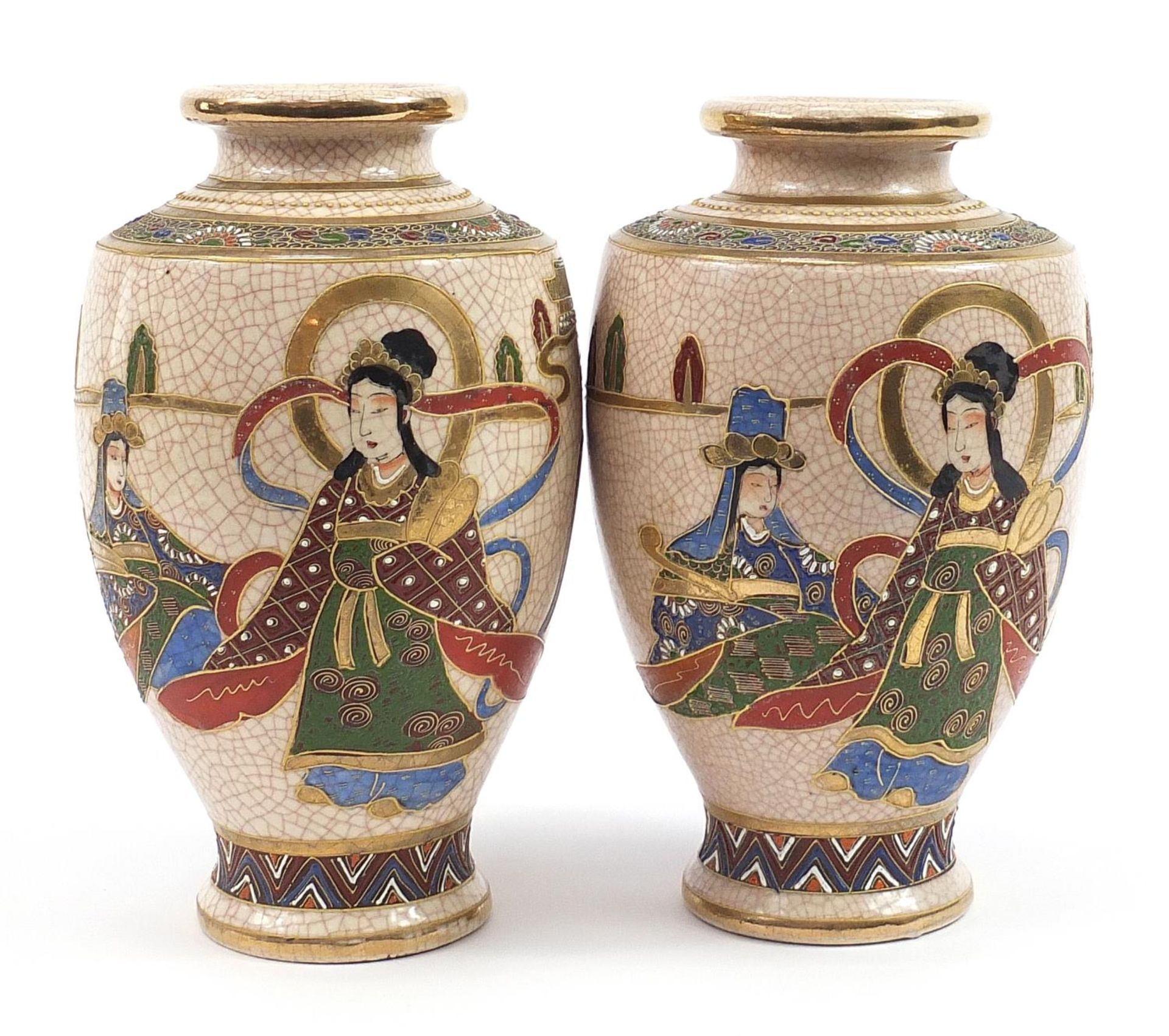 Near pair of Japanese Satsuma pottery vases, the largest 31.5cm high