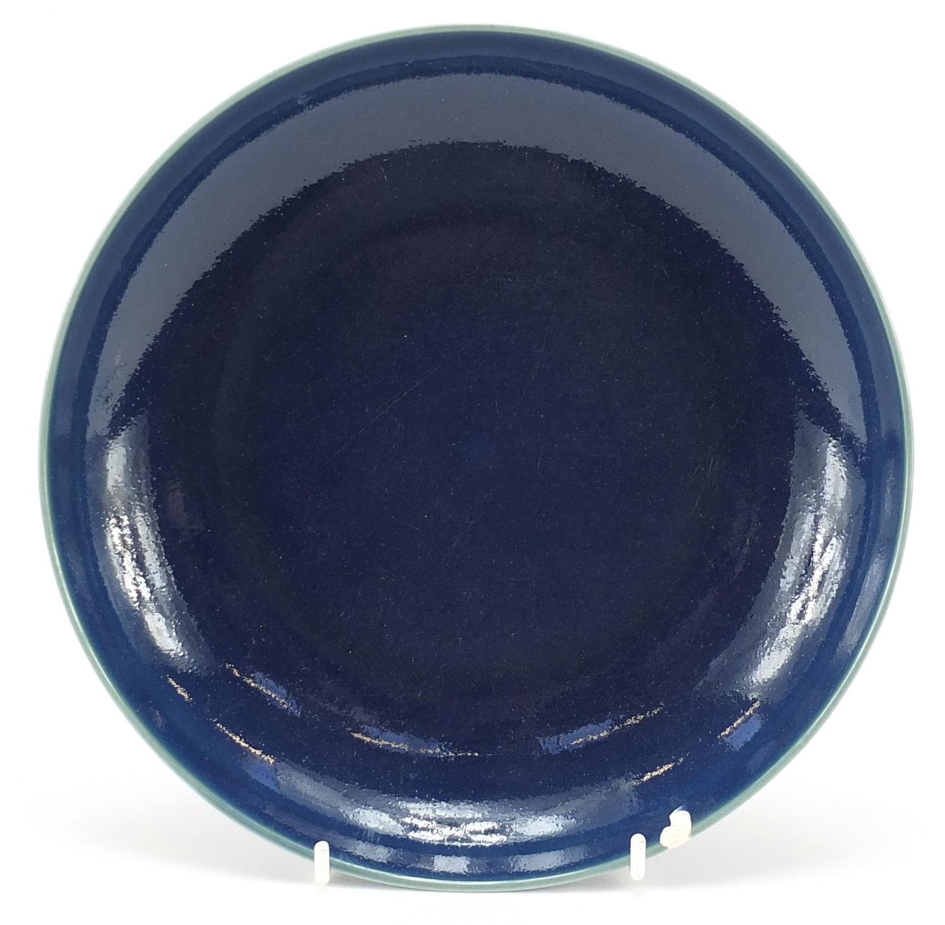 Chinese blue and white porcelain dish having a blue glaze, six figure character marks to the