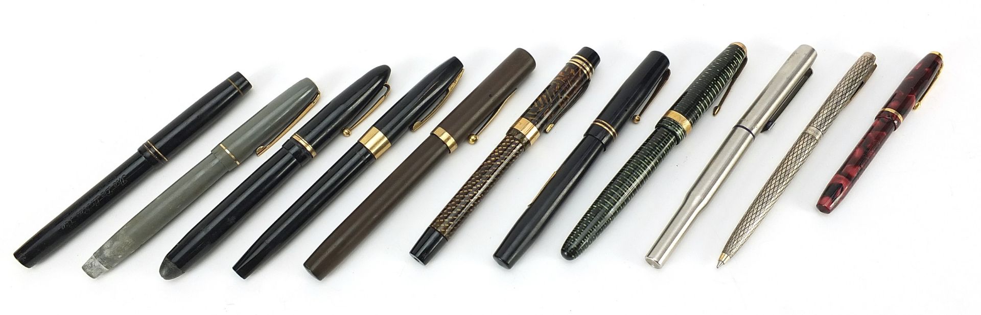 Ten vintage fountain pens, two with boxes and a silver Shaeffer ballpoint pen, including Swan, - Image 2 of 6
