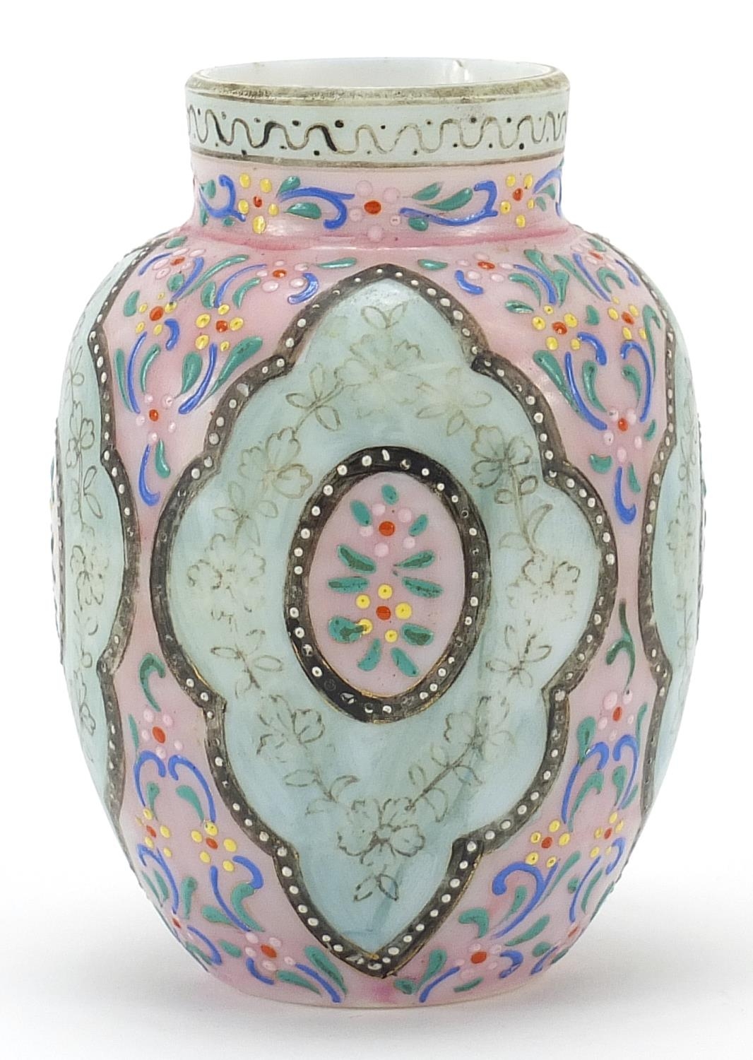 19th century opaque glass vase hand painted in the Islamic manner with flowers, 12.5cm high