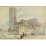 James Holland - Grande Place Malines 1853, 19th century watercolour on card, inscribed verso
