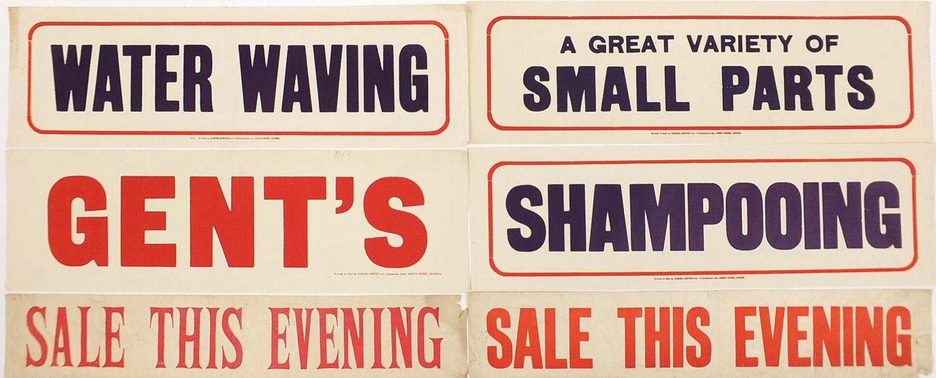 Four vintage lithographic shop advertising signs printed and sold by Samuel Reeves Ltd of Kings