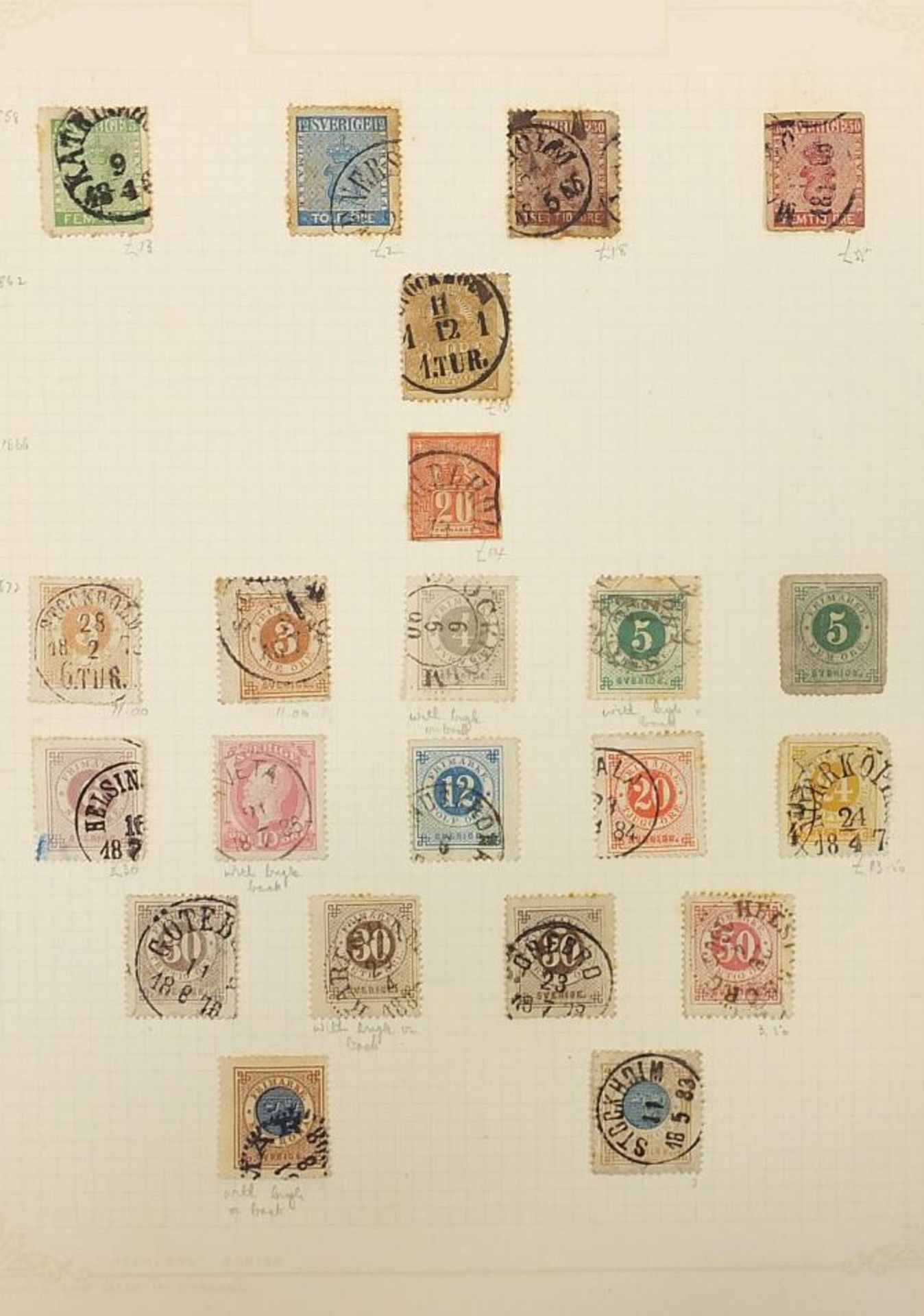 Collection of Swedish stamps from early arranged on several pages
