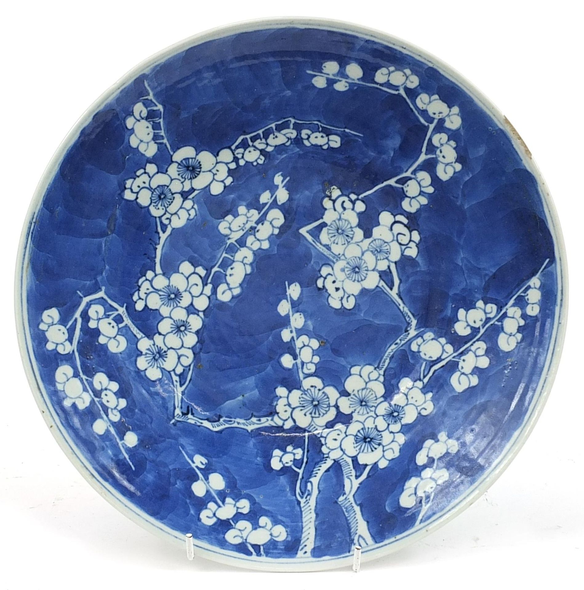 Chinese blue and white porcelain plate hand painted with prunus flowers, 29.5cm in diameter