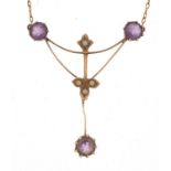Art Nouveau 9ct gold amethyst and seed pearl necklace, 40cm in length, 2.7g