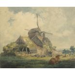 Thomas Girtin - Horses and wagons before a windmill, Georgian watercolour on card, signed verso,