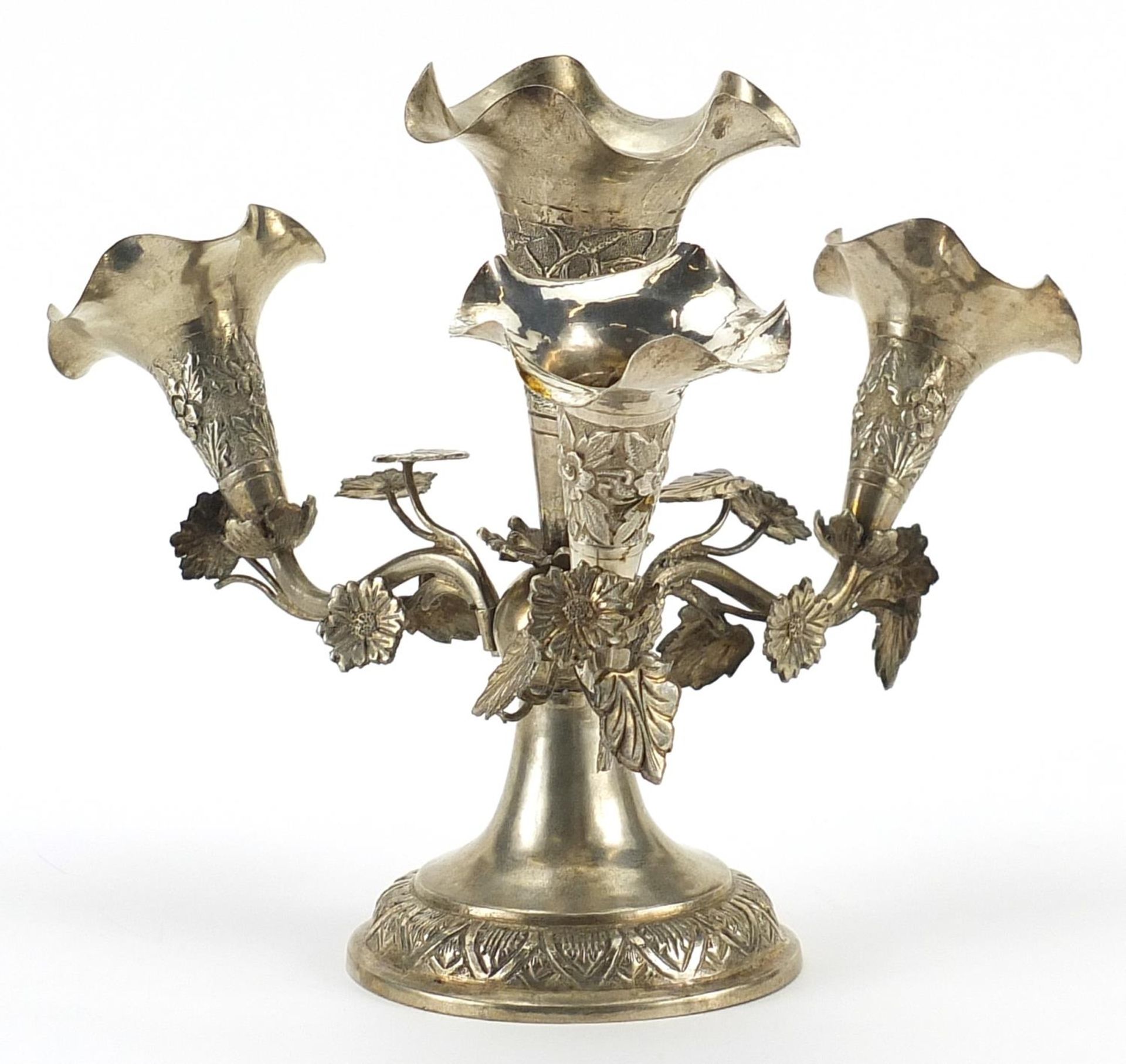 Anglo Indian silver coloured metal four branch epergne embossed with flowers, 298.8g - Image 2 of 3