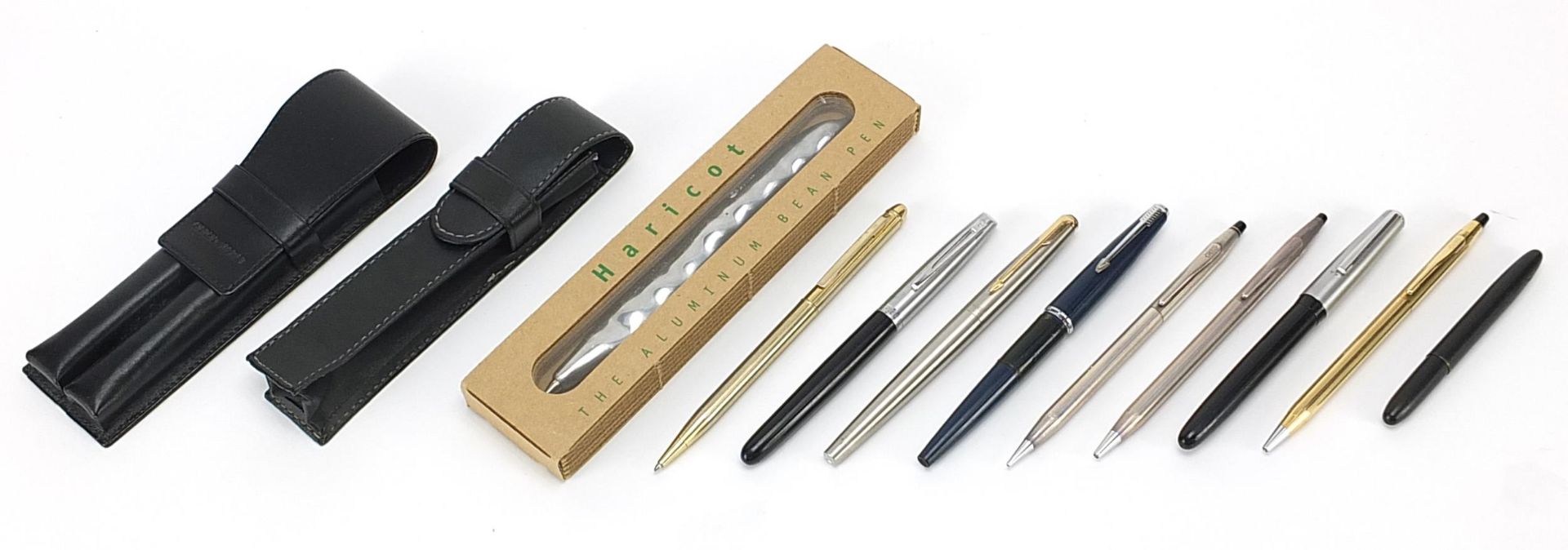 Vintage and later pens, pencils and two pen cases including a 925 silver cross propelling pencil and