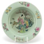 Chinese celadon glazed porcelain basin hand painted in the famille rose palette with mother and