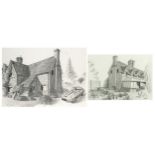 Broxham Cottages, pair of pencil drawings, each mounted, framed and glazed, the largest 57cm x 40.