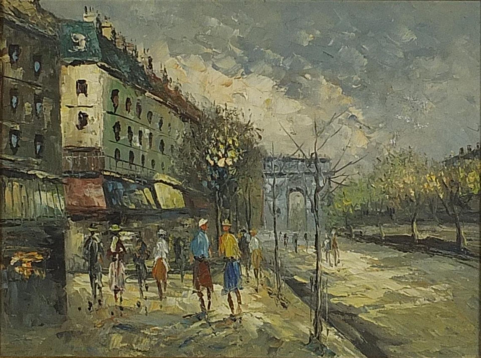 Parisian street scene with figures before the Arc de Triomphe, French Impressionist oil on canvas,