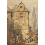 Samuel Prout - Nuremburg street scene with figures, 19th century watercolour, mounted, unframed,