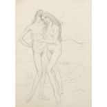 Attributed to Augustus John - Two standing nude females, pencil drawing on card, unframed, 52.5cm
