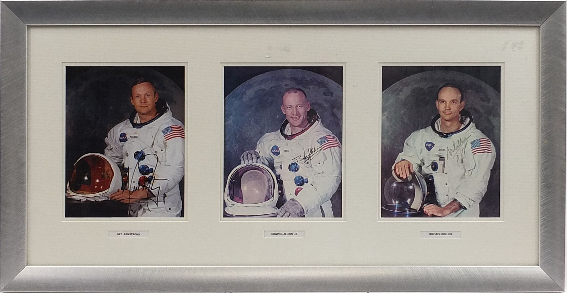 Neil Armstrong, Edwin Aldrin Junior and Michael Collins, Apollo 11 ink signatures on photographs,