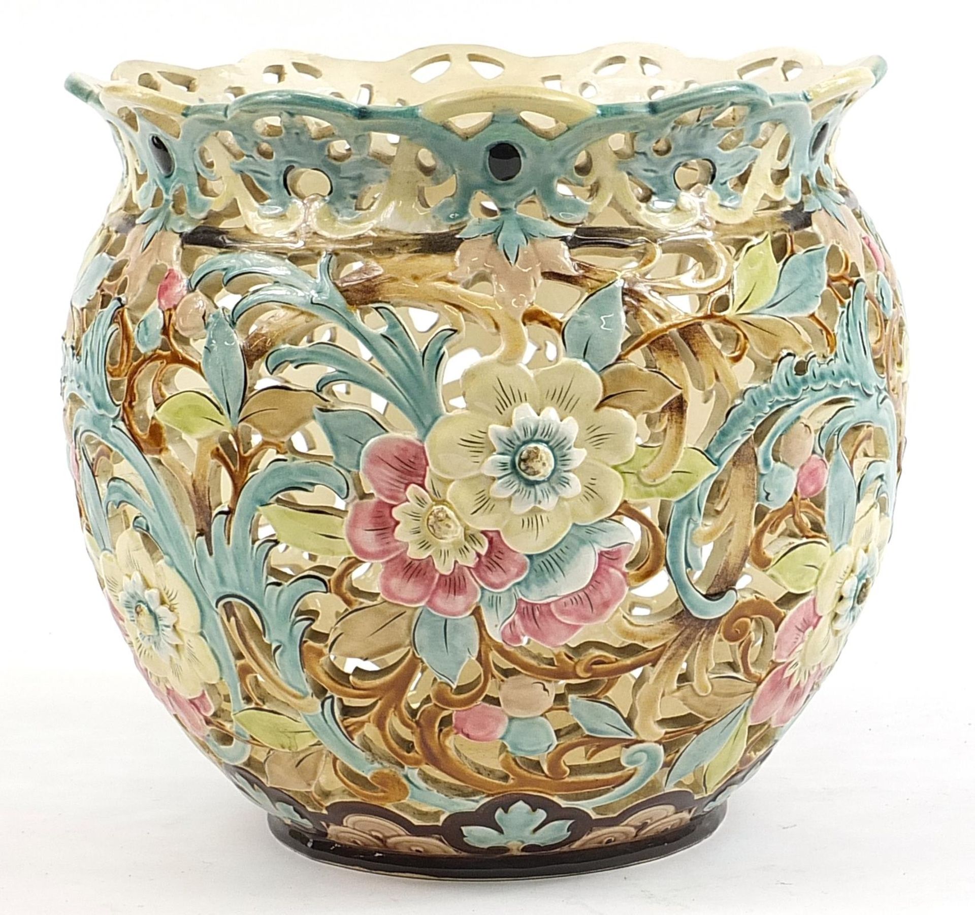 Continental pierced porcelain flower pot jardiniere in the style of Zsolnay Pecs, 35.5cm high x 35.