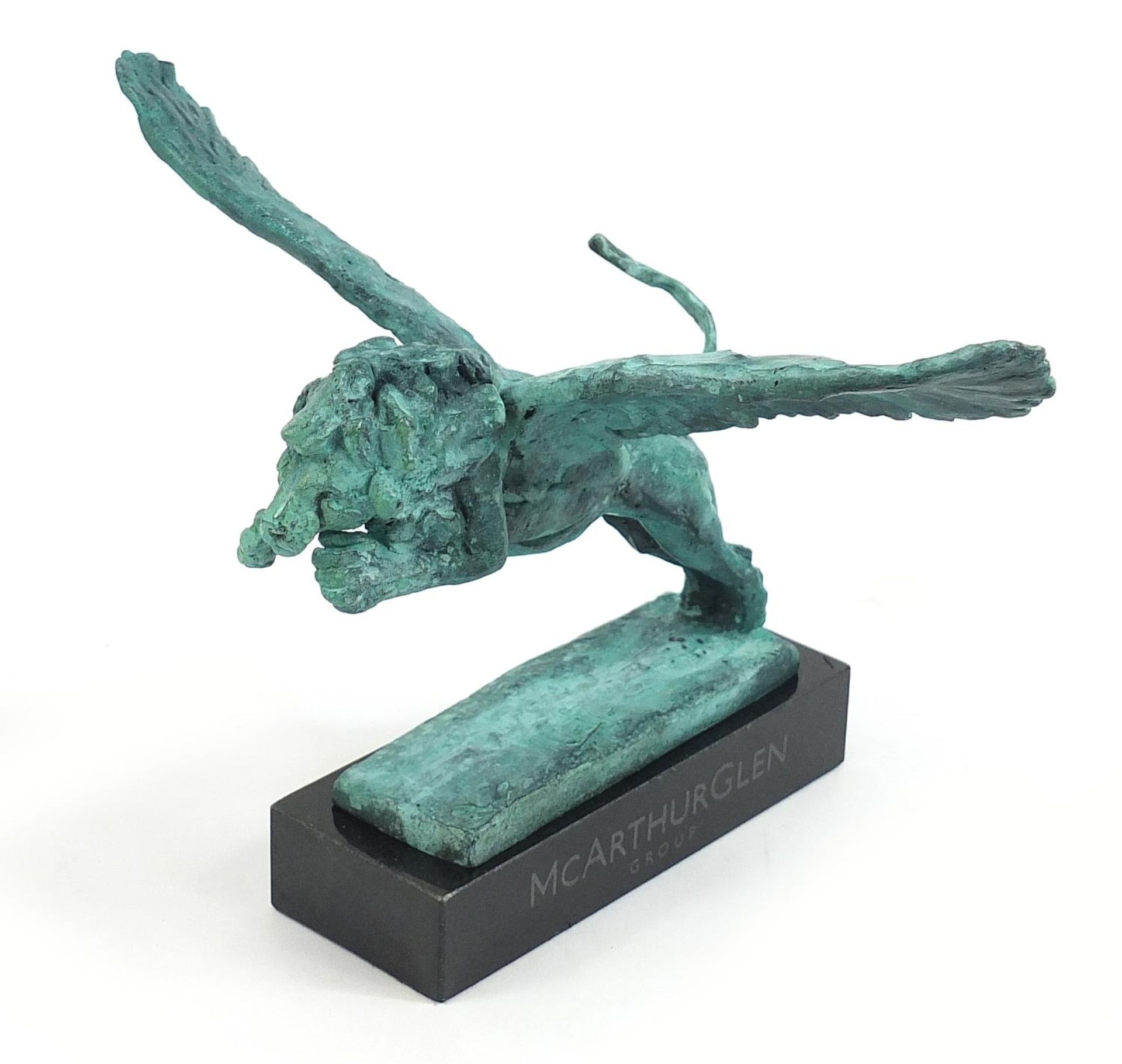 Mark Coreth for McArthur Glen group Verdigris bronze study of a winged lion raised on a - Image 2 of 5