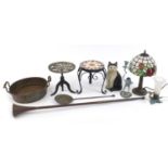 Metalware including a Victorian trivet, Tiffany design table lamp, cast iron cat doorstop and a