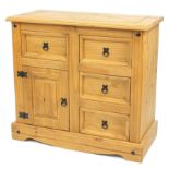 Mexican pine side cabinet with four drawers and cupboard door, 85cm H x 92cm W x 44cm D