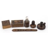 Victorian Tunbridge Ware objects with micro mosaic inlay including scent bottle case with glass